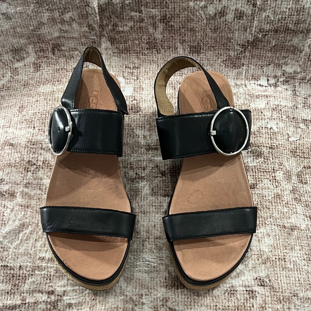 UGG Black Leather Espadrille Platform Sandals with Buckle - Picture 3 of 12